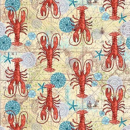 bright red lobsters on a sand coloured background with sea anemones