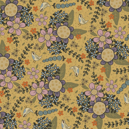floral fabric in a dusky yellow with bold circular flowers in purple and lilac