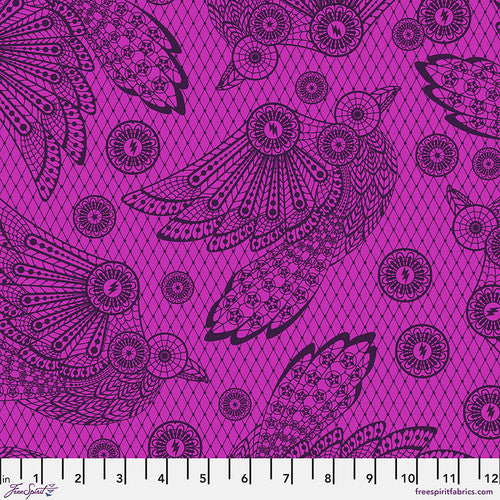 purple backgound over laid with black birds and circles made to look like lace