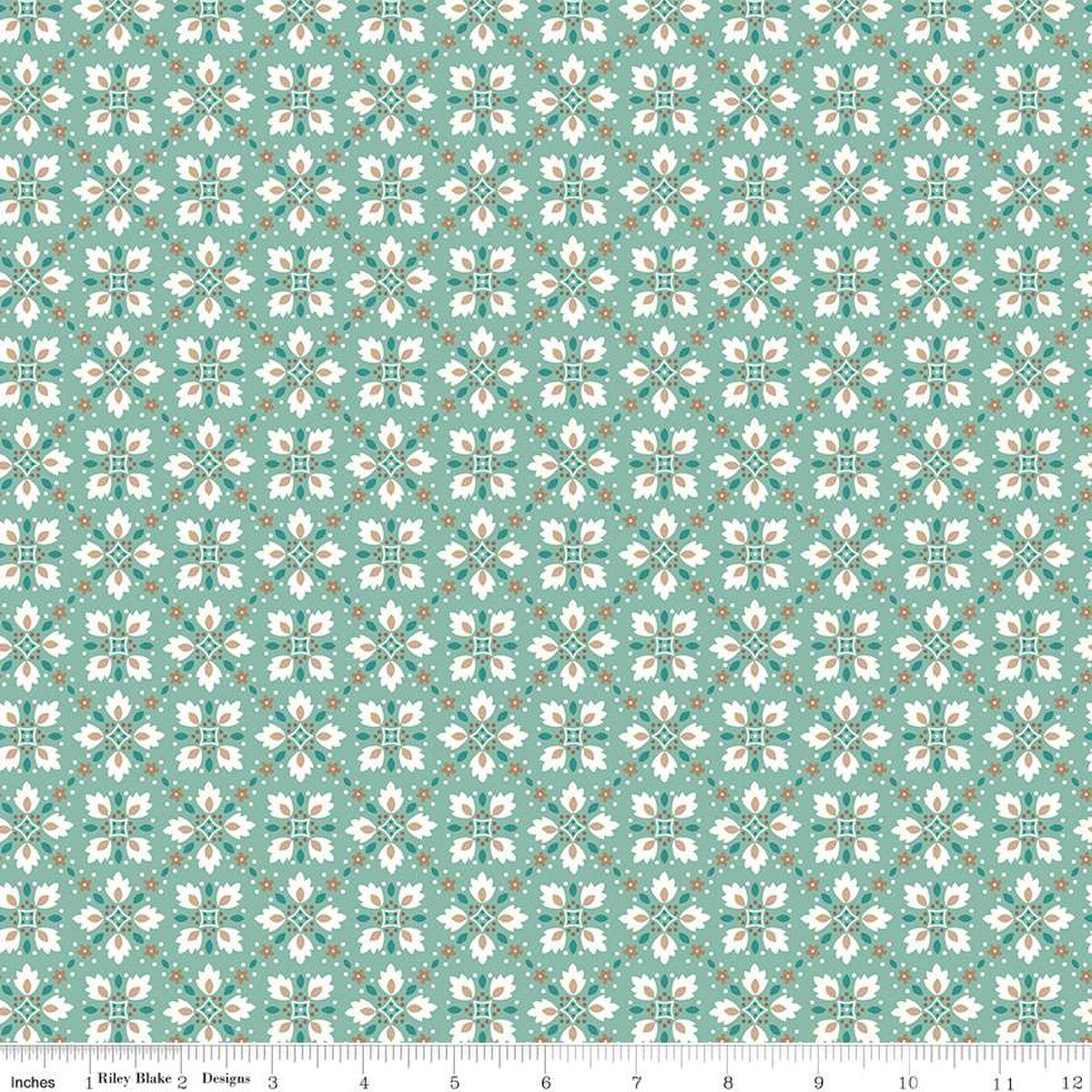 sea green geometric pattern that looks a bit like tiles on the diagonal with white petals and red dots