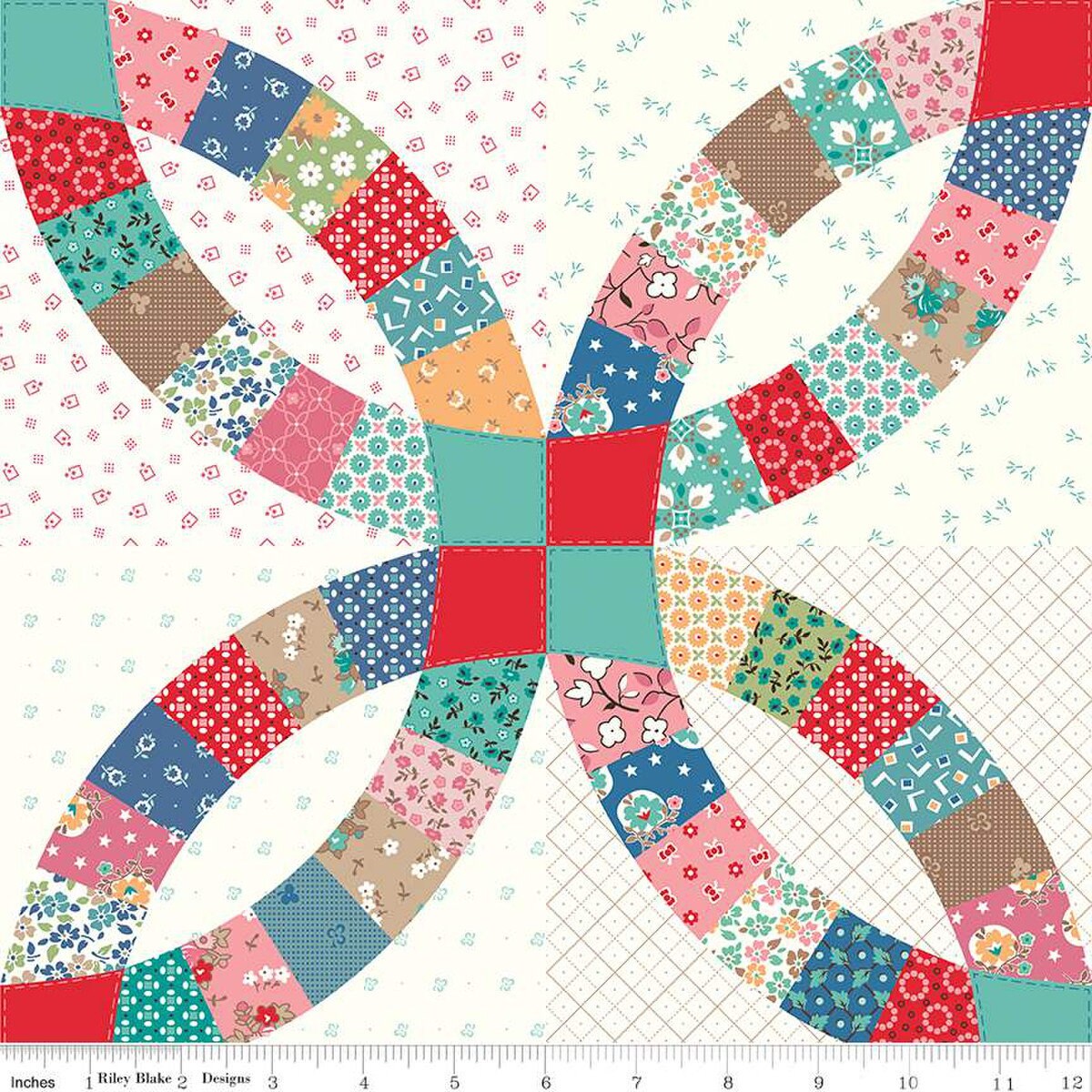 bright loops of vintage style patchwork on a white background