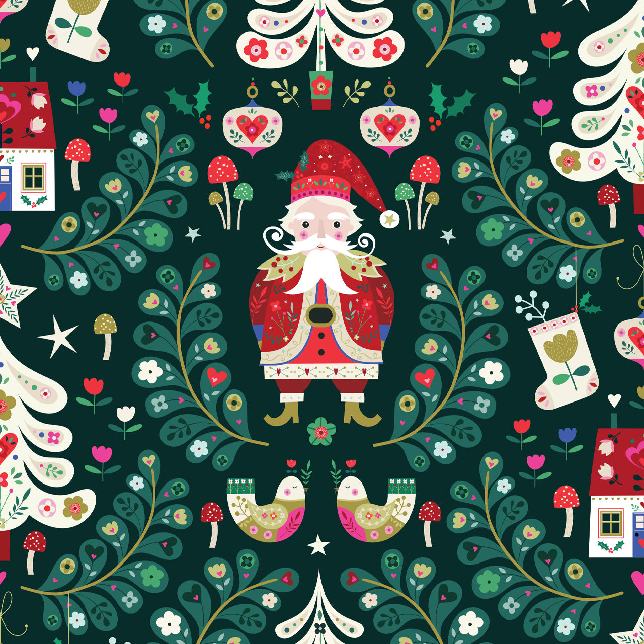 A Nordic style christmas print featuring Santa on a dark blue background with green leaves