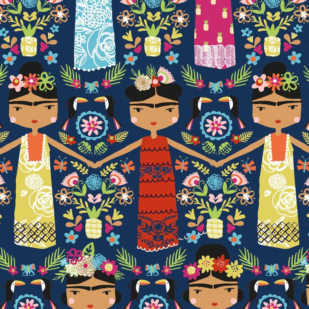 bright colourful fabric with blocks of colour with images of birds and butterflies