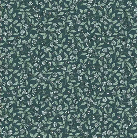 Pattern of green leaves and flowers on a dark green background