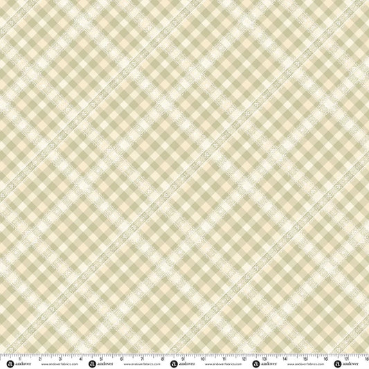 A close-up of a fabric pattern showing a diagonal gingham check in light beige and white, overlaid with diagonal watermark bands and a measuring ruler along the bottom edge.