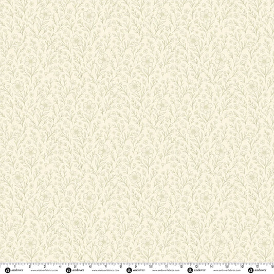 A close-up of a repeating floral and leaf pattern in soft beige and cream tones, with a ruler along the bottom edge showing scale.