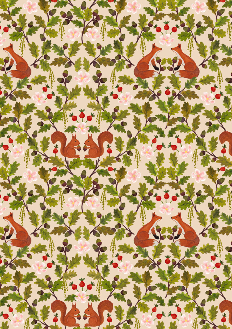 Old Quercus - fox and squirrel on dark cream