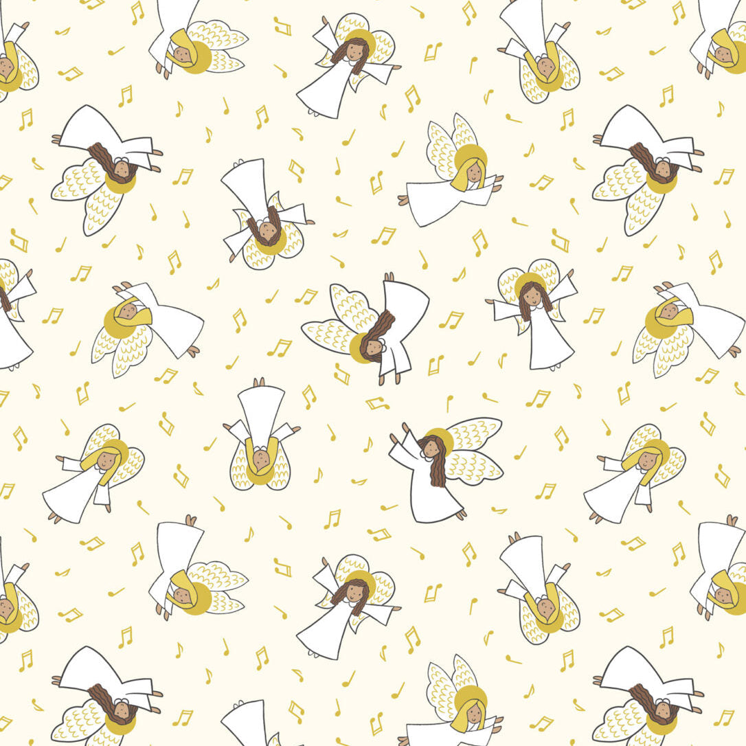Pattern of cartoon angels and musical notes on a white background