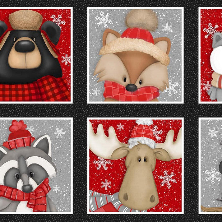 Set of six animal characters wearing winter clothing on a red background with snowflakes.